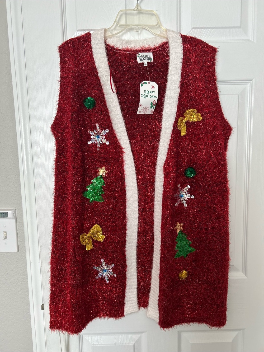 Major Major/ NWT/ Holiday Fuzzy Red Vest with White Trim / L